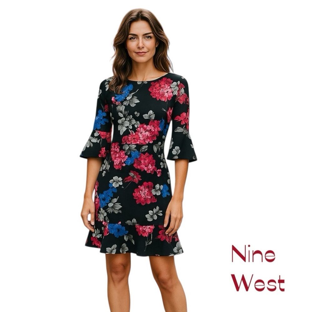 Nine West Black Pink Bold Floral Dress NWOT Size 8